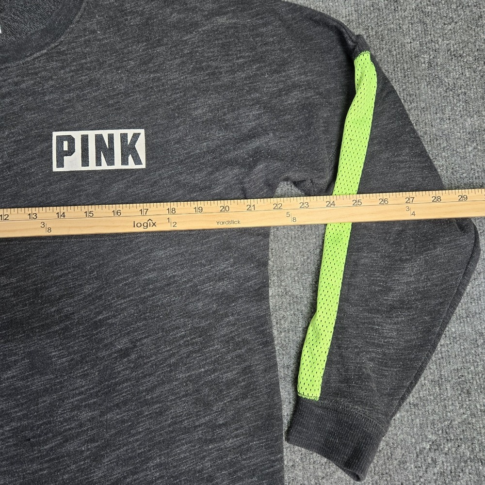 PINK Sweatshirt Women Small Campus Varsity Pullover Gray Neon Mesh Logo Graphic - Picture 9 of 11